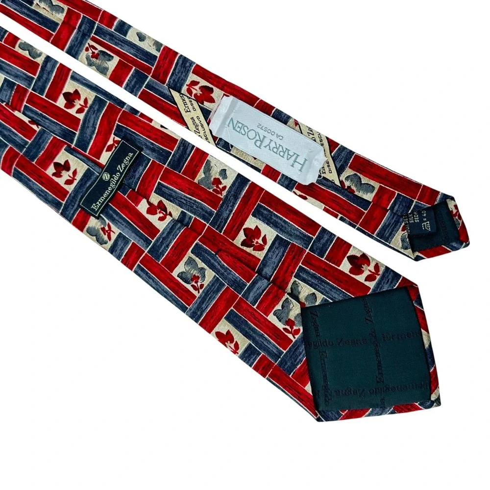 Ermenegildo Zegna 100% Silk Tie Red Black Tan Geometric Leaf Floral Pattern Mens